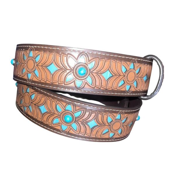 Topacc PU Leather Western Belt w/ Turquoise Floral Tooling Beaded Buckle